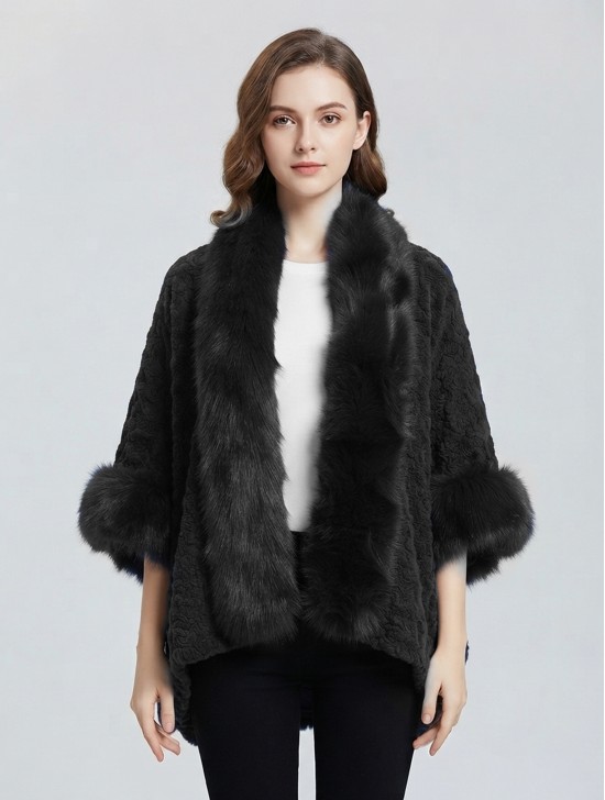 Premium Faux Fur Cape with Rose Imprints & Sleeves